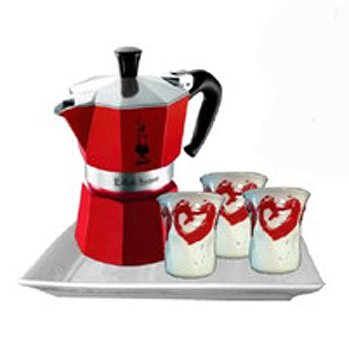 Набор из гейзерной кофеварки Bialetti MOKA красная на 3 порции + 3 чашки и поднос, Арт. 4970/MR